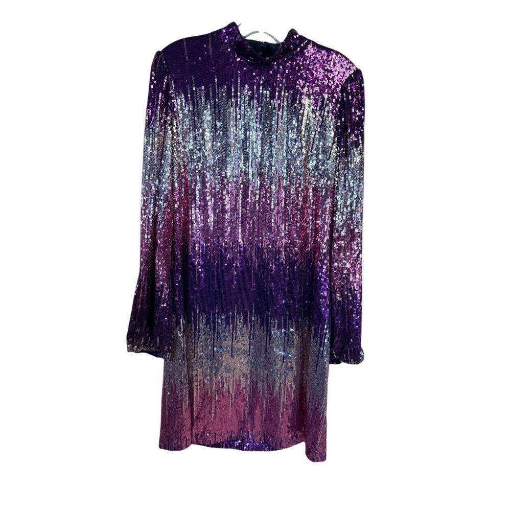 Maison Tara Sequin Long Sleeve Mockneck Mini Dress Sz 12 Purple/Gold/pink NWT